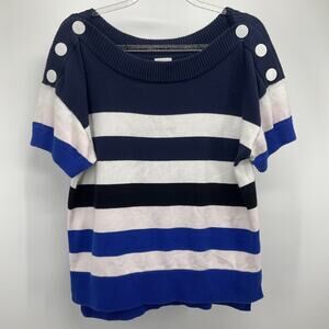 Striped Knit Short Sleeve Button Shoulder Top Navy White Blue XS Nautical Casual